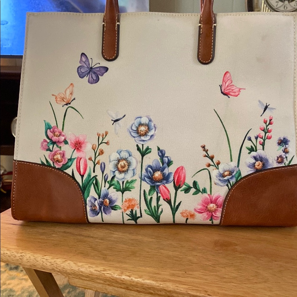 Avon Cream Tote with Brown Trim and Floral Butterfly Print